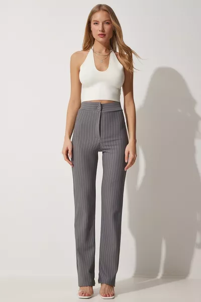 Pantalon rayé taille haute gris femme 