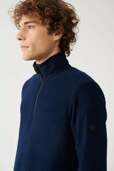 Marineblaues kältebeständiges Fleece-Sweatshirt mit halbem Reißverschluss und Stehkragen für Herren 