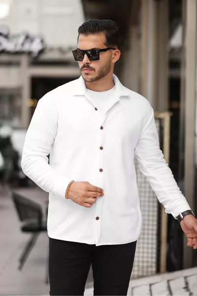 Мужская белая толстая зимняя флисовая рубашка оверсайз