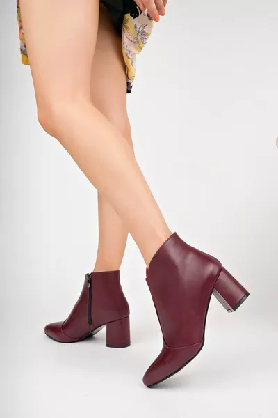 Hakiki Deri Bordo Kadın Topuklu Deri Bot 