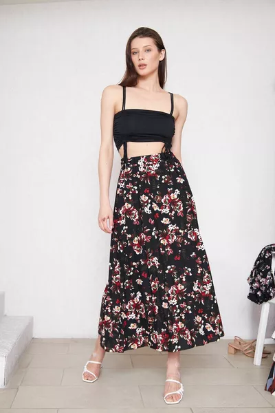 Floral Patterned Long Lined Pleated Skirt, Pleated Skirt, Mother Gift Skirt, Crepe Skirt, Hijab Skirt