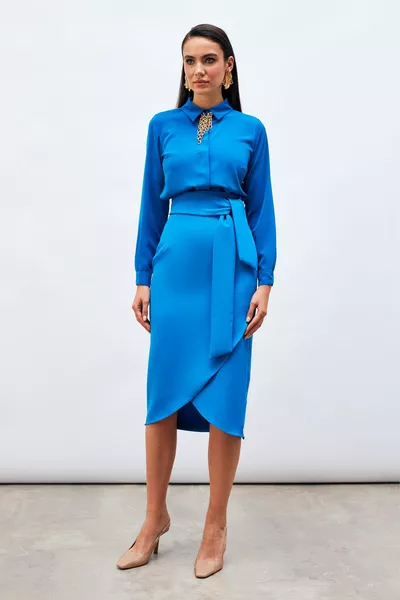 Belted Pencil Skirt - Sax Blue