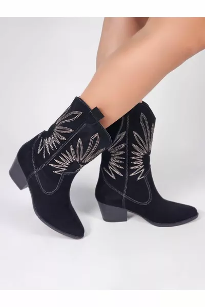 Stivali da donna da cowboy decorativi decorativi in pelle scamosciata nera