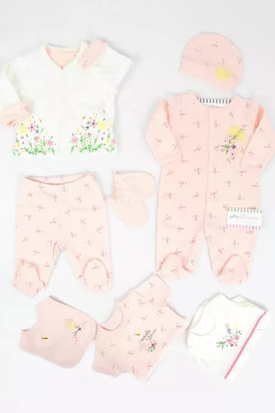 Zalm Bloem Baby Meisje 8 Stuk Ziekenhuis Outlet, Romper Set, Baby Set