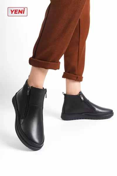 جلد طبيعي المرأة العظام كعب حفز وظيفة مزدوجة سستة عدم الانزلاق وحيد أحذية الأم السوداء