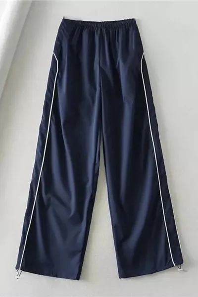 Navy Blue Elasticated Waist Striped Parachute Baggy Pants