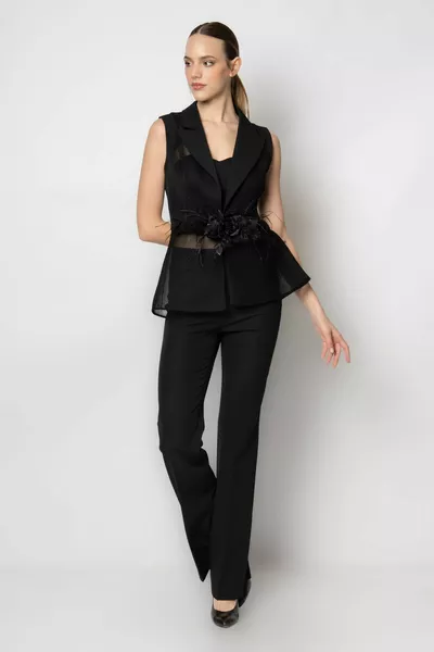 Сетчатый жакет без рукавов с цветочными аксессуарами под грудью, брюки из крепа, тройной комплект вечернего платья