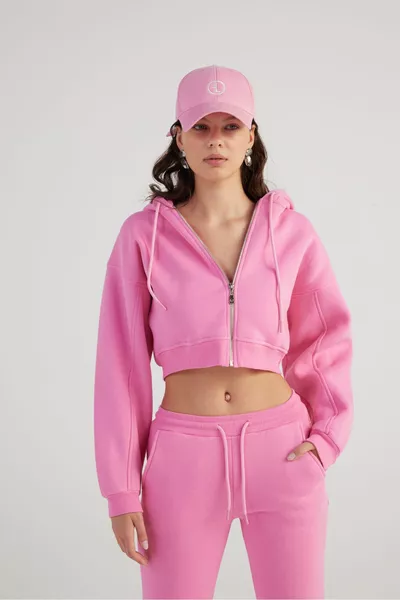 Roze sweatshirt met capuchon met lange mouwen en ritssluiting voor dames