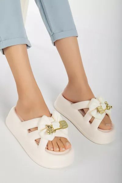 Pantofole da donna crema Bow Cross di lusso casual da spiaggia da piscina