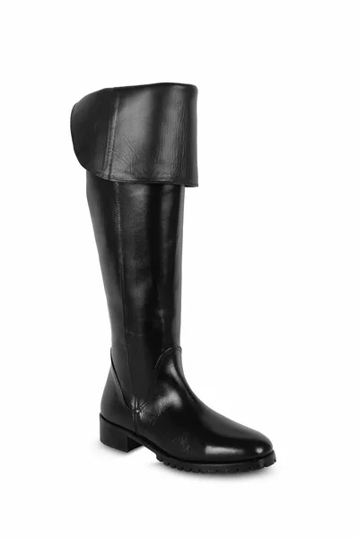 المرأة جلد أسود طبيعي الركبة الخيالة سستة الأحذية 