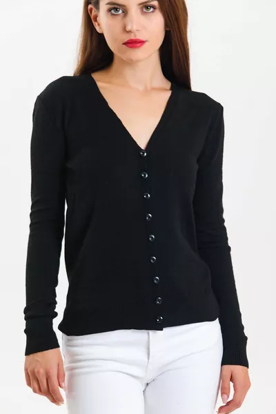 كارديجان نسائي بأزرار على شكل V أسود محبوك