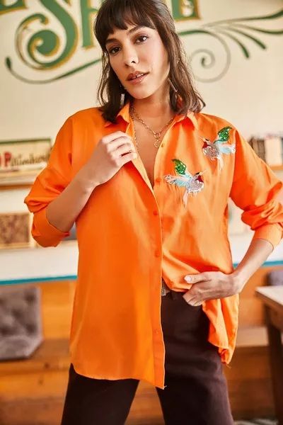 Дамска оранжева птица пайети Детайлна тъкана риза за гадже 