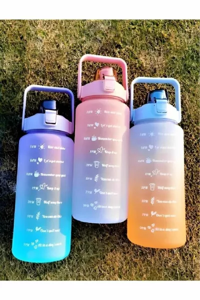 Motivational Water Flask Waterer 2 Liter Water Flask with Sticker and Straw