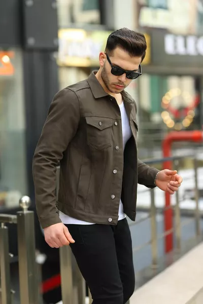 جاكيت جينز رجالي كاكي داكن