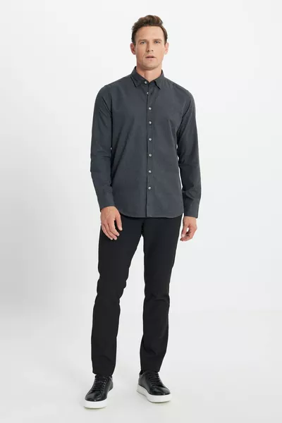 Мъжка антрацитна вталена кройка с вталено прилягане на яка с копчета фланелена зимна риза дървосекач