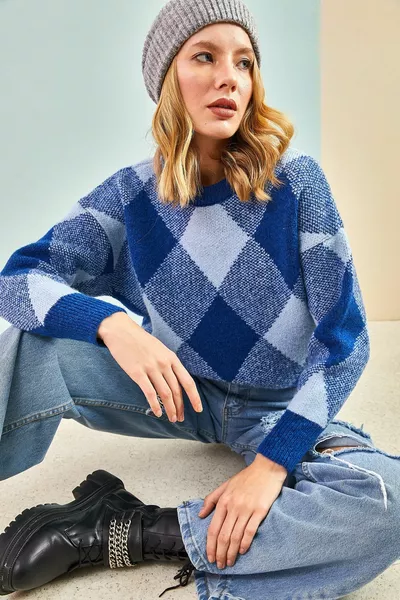 Gebreide trui met vierkante patronen voor dames