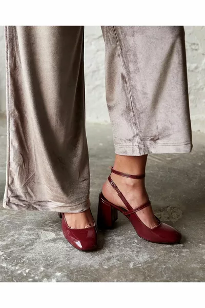 ليدي بورجوندي جلد لامع بكعب سميك 7 سم ماري جين بلانت حذاء كاجوال مفتوح الظهر