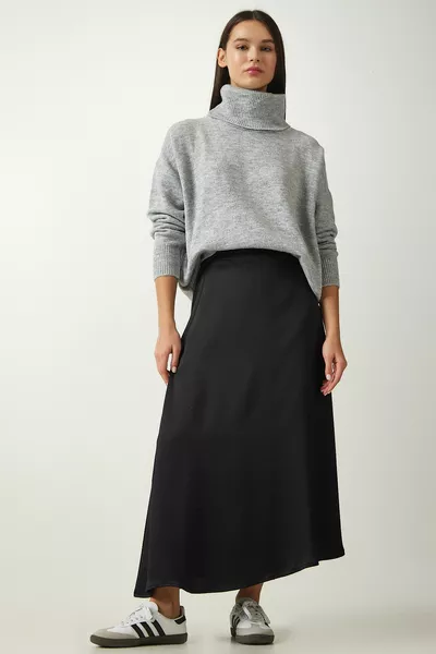 Women's Black Asymmetrical Satin Surface Skirt 