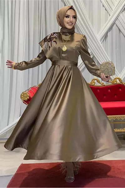 Women's Coffee (CAMEL) Stone Detailed Flounced Evening Dress T 