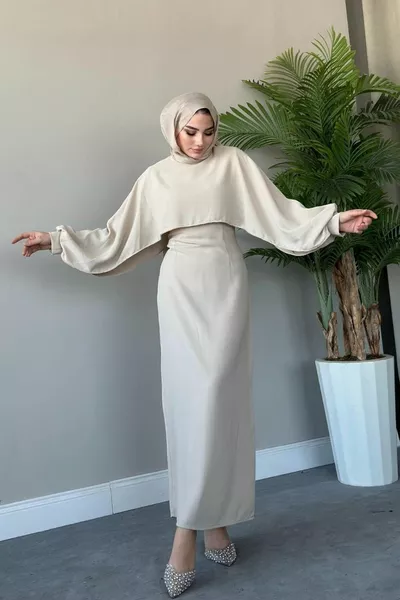 Caped Evening Dress Beige