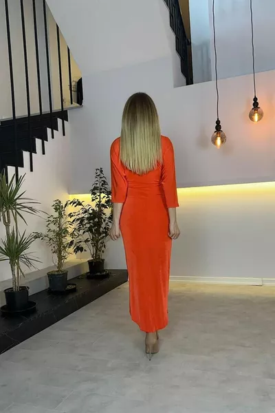  Robe design à col en V détaillée drapée orange