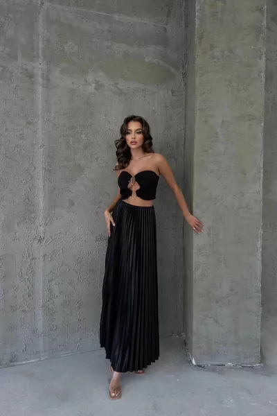 Pileli Maxi Boy Astarlı Saten Etek Siyah