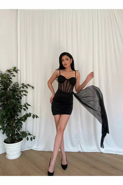 Abiti da sera da donna Glitter Ciondolo lucido Tulle Tessuto Dettagliato Corda Strap Mini Abito da sera e abito da laurea