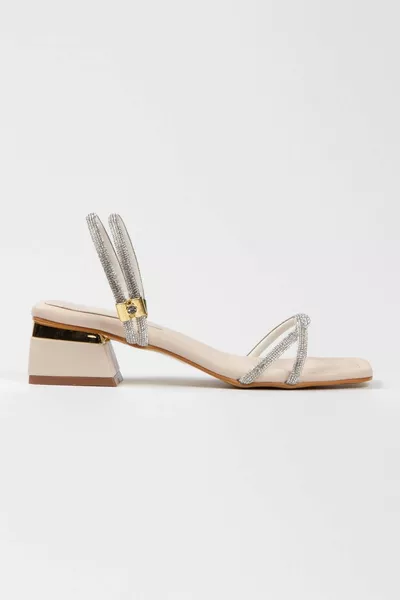 Stylish beige stone-embroidered ankle-adjustable heels