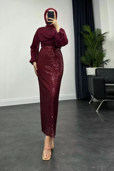 Davis Üstü Şifon Kalem Abiye Bordo