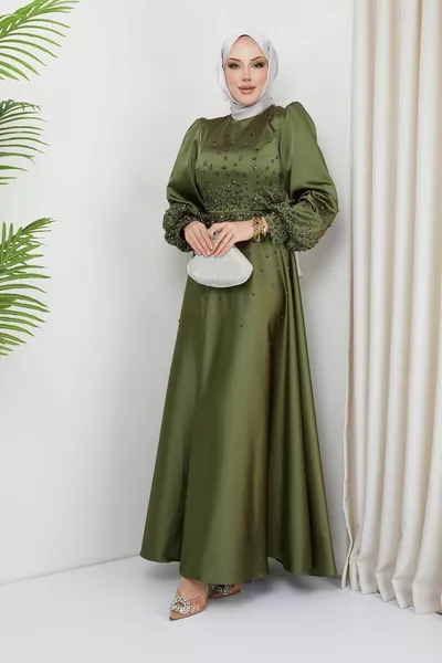 Satin Evening Dress with Sprinkled Stone Detail on the Front and Sleeves LIGHT GREEN 