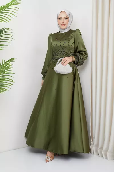 Satin Evening Dress with Sprinkled Stone Detail on the Front and Sleeves LIGHT GREEN 