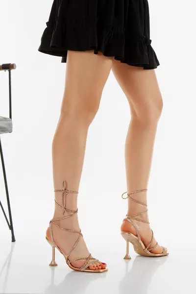 Rose Women's Ankle Tie Evening Shoes with Stones