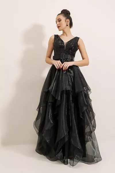 لب أعلى بلا أكمام الخصر حزام اصطف الأورجانزا فستان طويل أسود