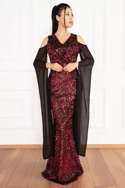 Lange avondjurk met pailletten chiffon 