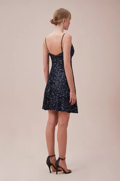 Navy Blue Sequin Embroidered Short Dress with Thin Straps