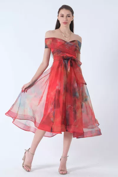 Boat Neck Evening Dress Orange 