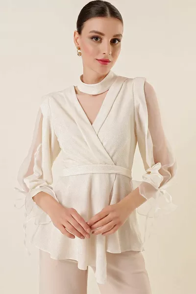 Double-breasted Collar Sleeves Semi Organza Lined Glitter Blouse