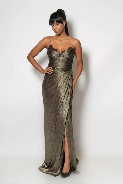 Silvery chiffon evening dress with pleated lace detail on the chest