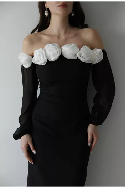 Julidress Черное Без бретелек Белая Роза Детализированный Воротник Рукава Прозрачное Премиум Миди Платье Премиум