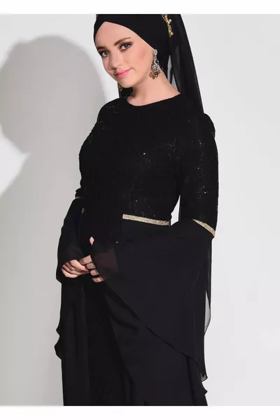 المرأة الأسود الرباط الشيفون مفصلة مساء اللباس 