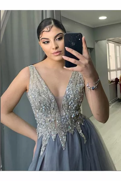 Shiny Stone Tulle Skirt Slit Evening Dress