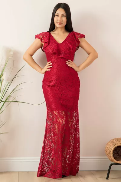 Kanten lange avondjurk met kraag volant 