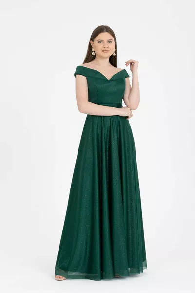 المرأة قارب طوق الأشرطة طويلة واسعة بريق مساء اللباس دعوة /  الزمرد