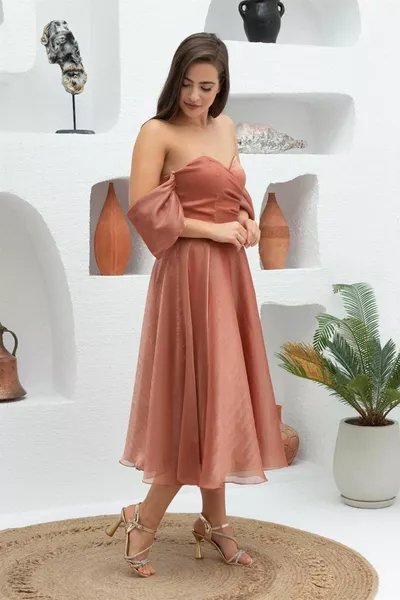 Copper Low Sleeve Organza Engagement Evening Dress