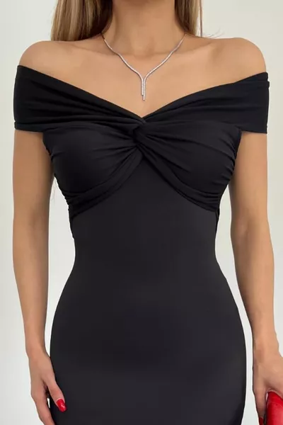 المرأة مرنة غواص النسيج الخامس الرقبة ميدي طول أسود مساء اللباس والأسود التخرج اللباس 