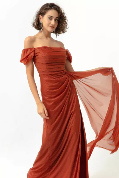 المرأة بلاط قارب الرقبة رايات شق طويل بريق مساء اللباس