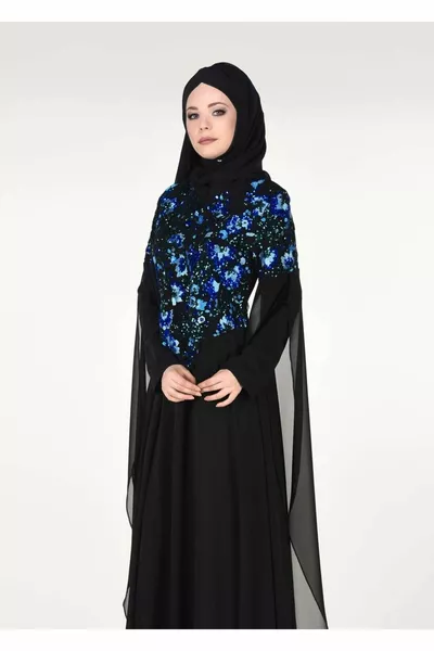 Дамски черен прилеп ръкав бродирани вечерна рокля 