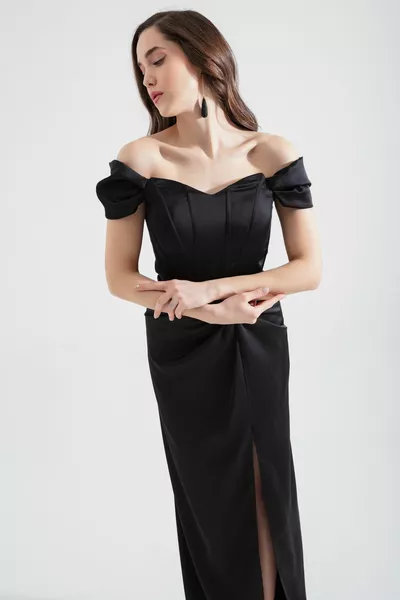 المرأة الأسود Underwire مشد طويل الساتان مساء اللباس