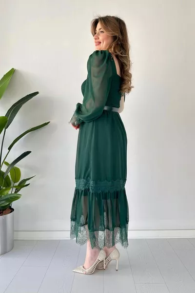 Lace Gipel Chiffon Dress Emerald