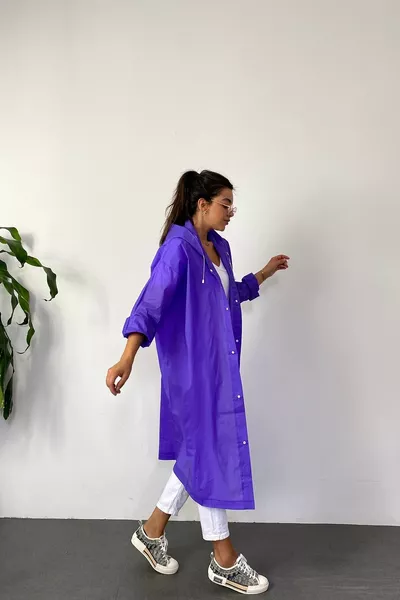 Women's Purple Snap Detail Transparent Raincoat